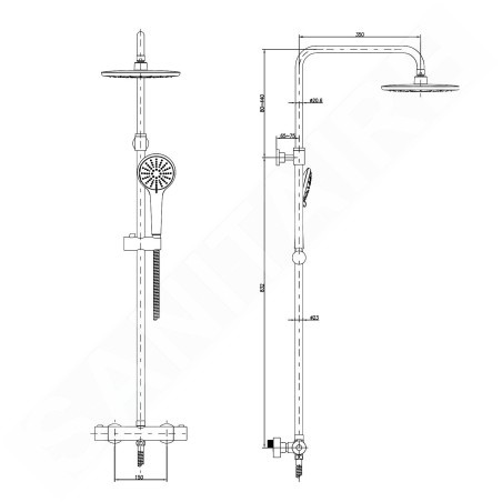 Aqualine Douches - Set de douche avec thermostat, raccordement par le bas, chrome 1202-18