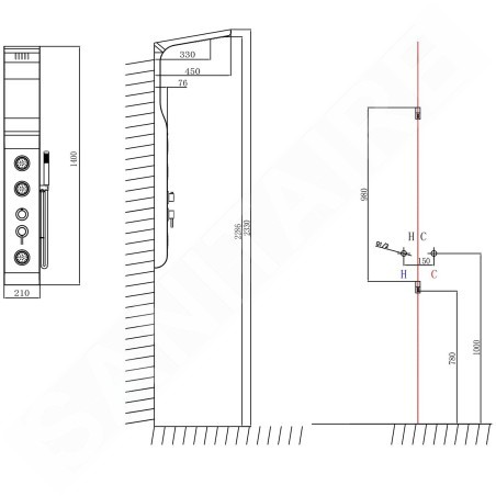 Aqualine Douches - Paroi de douche Yuki, avec mitigeur, 210x1450 mm, blanc SL290