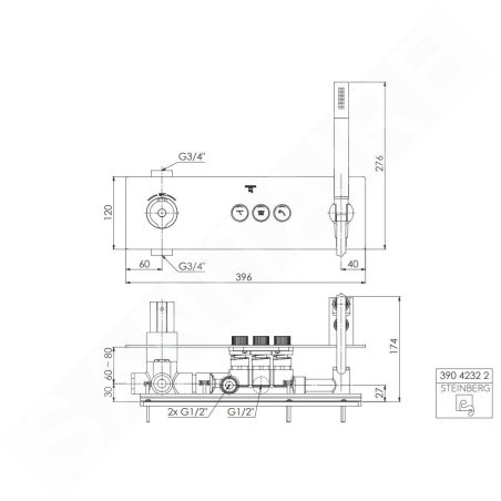 Steinberg 390 - Mitigeur thermostatique à encastrer, 3 sorties, avec corps d’encastrement, noir 390 4232 2 S