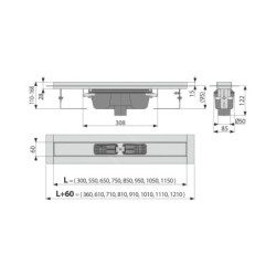 Alcadrain Douchegoten - Caniveau de douche Professional 1150 mm, avec rebord pour grille perforée, évacuation verticale, acier