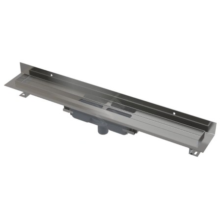 Alcadrain Douchegoten - Receveur de douche mural bas 750 mm, avec collier fixe au mur, écoulement vertical, acier inoxydable