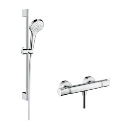 Hansgrohe Croma Select S - Set de douche Vario avec thermostat, 3 jets, barre de douche 650 mm, blanc/ chrome 27013400
