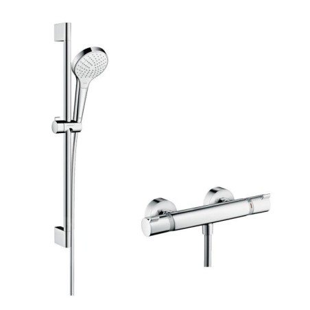 Hansgrohe Croma Select S - Set de douche Vario avec thermostat, 3 jets, barre de douche 650 mm, blanc/ chrome 27013400