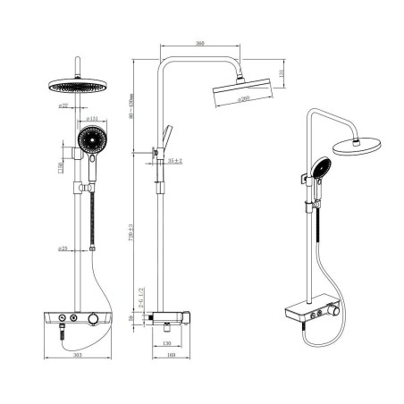 kielle Oudee - Set de douche avec thermostat, 260 mm, 3 jets noir / blanc 20602004