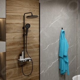 kielle Oudee - Set de douche avec thermostat, 260 mm, 3 jets noir / blanc 20602004
