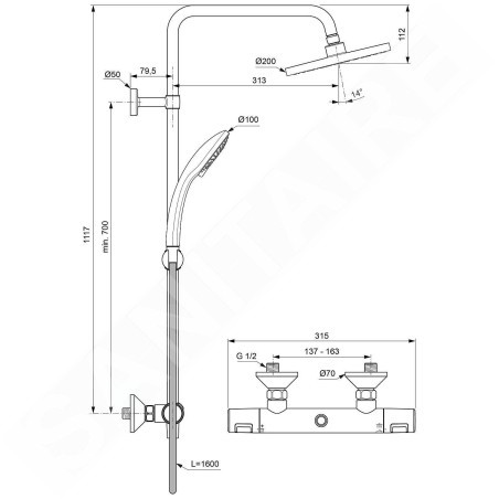 Ideal Standard CeraTherm - Set de douche T25 avec thermostat, 200 mm, 3 jets, chrome A7208AA