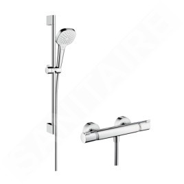Hansgrohe Croma Select E - Set de douche Vario avec thermostat, 3 jets, barre de douche 650 mm, blanc/ chrome 27081400