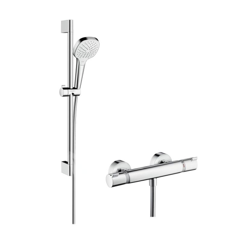Hansgrohe Croma Select E - Set de douche Vario avec thermostat, 3 jets, barre de douche 650 mm, blanc/ chrome 27081400