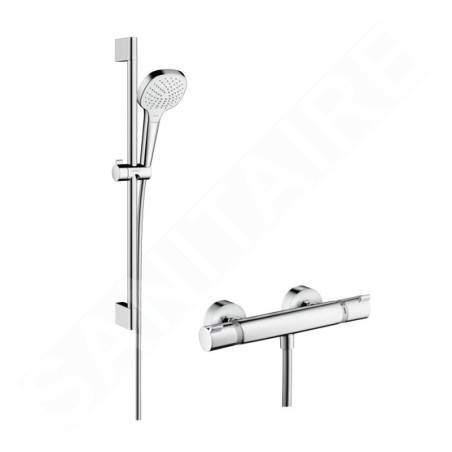 Hansgrohe Croma Select E - Set de douche Vario avec thermostat, 3 jets, barre de douche 650 mm, blanc/ chrome 27081400