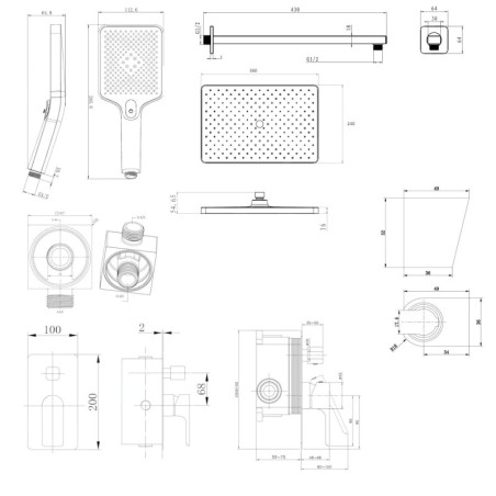 kielle Vega - Set de douche avec mitigeur encastré, 2 sorties, avec accessoires et corps d’encastrement, noir mat 20618SP34