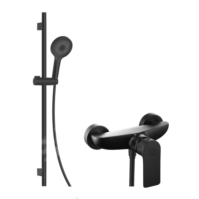 kielle Vega - Set de douche avec mitigeur, colonne, flexible et tête de douche, noir mat 20618SN14 kielle Vega - Set de douche avec mitigeur, colonne, flexible et tête de douche, noir mat 20618SN14