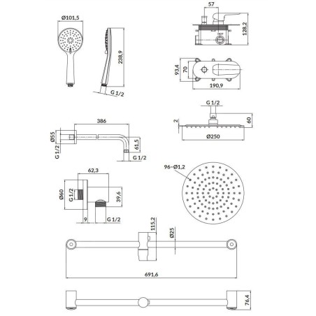 Cersanit City - Set de douche avec mitigeur encastré, avec corps d’encastrement, diamètre 25 cm, 3 jets, chrome S952-014