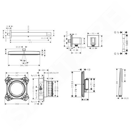Hansgrohe - Set de douche avec thermostat encastré, corps d’encastrement, 26x26 cm, chrome SANI21HHH003