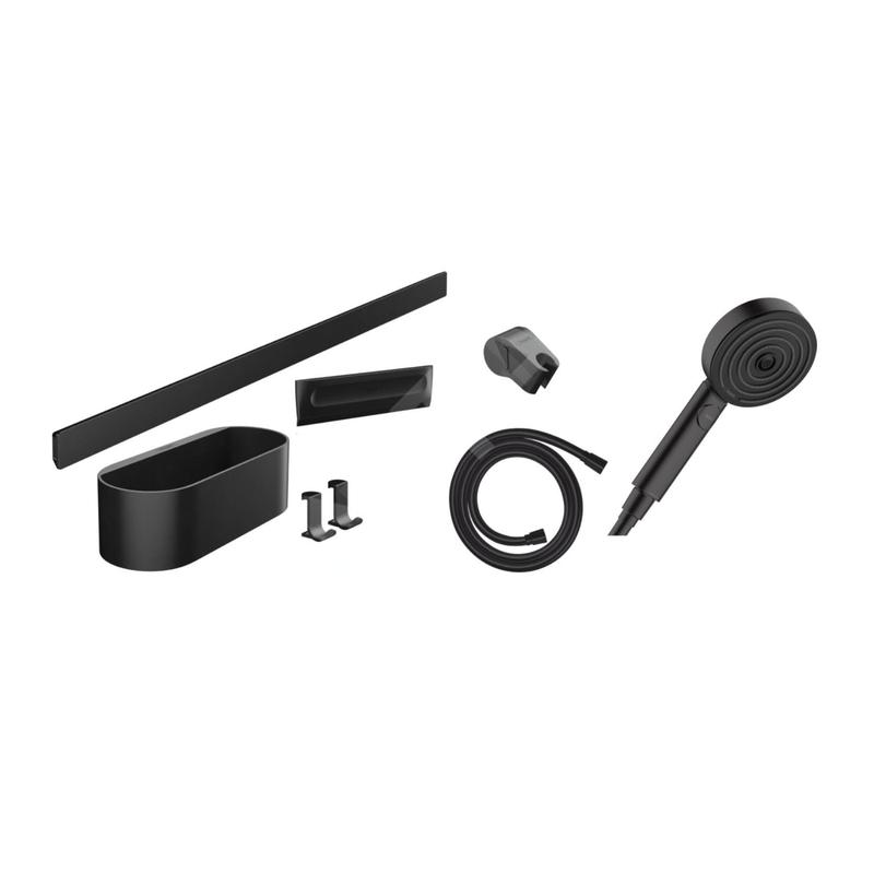 Hansgrohe WallStoris - Set de pommeau de douche 105, 3 jets et accessoires de salle de bain, noir mat 24291670 Hansgrohe WallStoris - Set de pommeau de douche 105, 3 jets et accessoires de salle de bain, noir mat 24291670