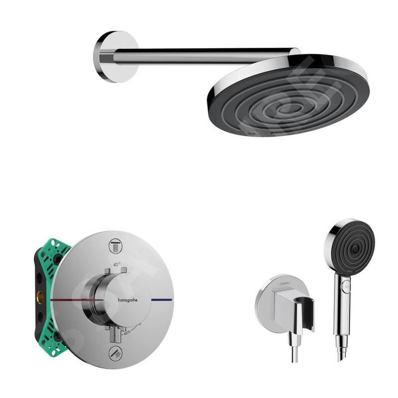 Hansgrohe - Set de douche avec thermostat encastré, corps d’encastrement, diamètre 26 cm, 3 jets, chrome SANI21HHH002