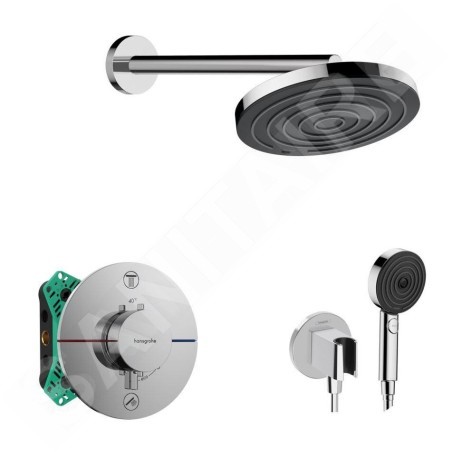 Hansgrohe - Set de douche avec thermostat encastré, corps d’encastrement, diamètre 26 cm, 3 jets, chrome SANI21HHH002
