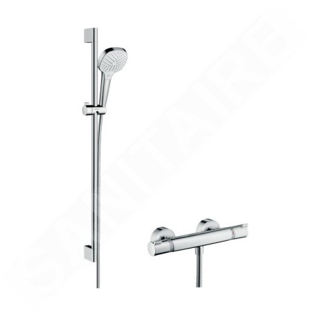 Hansgrohe Croma Select E - Set de douche Vario avec thermostat, 3 jets, barre de douche 900 mm, blanc/ chrome 27082400