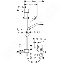 Hansgrohe Croma Select E - Set de douche Vario avec thermostat, 3 jets, barre de douche 900 mm, blanc/ chrome 27082400