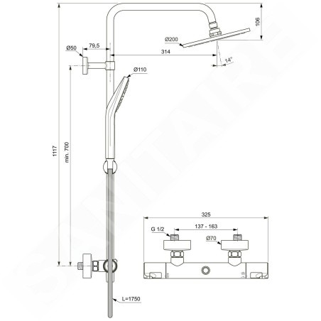 Ideal Standard CeraTherm - Set de douche T50 avec thermostat, 200 mm, 3 jets, chrome A7225AA