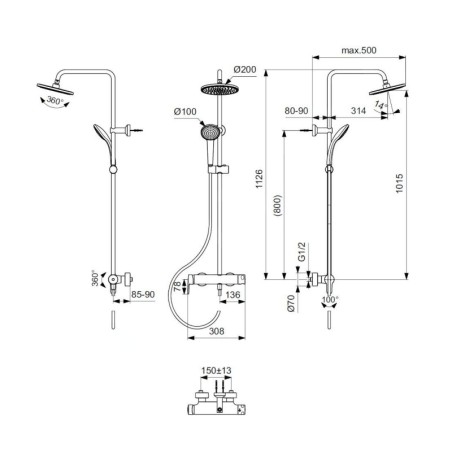 Ideal Standard Cerafine O - Set de douche avec mitigeur, diamètre 200 mm, 1 jet, noir BC750XG