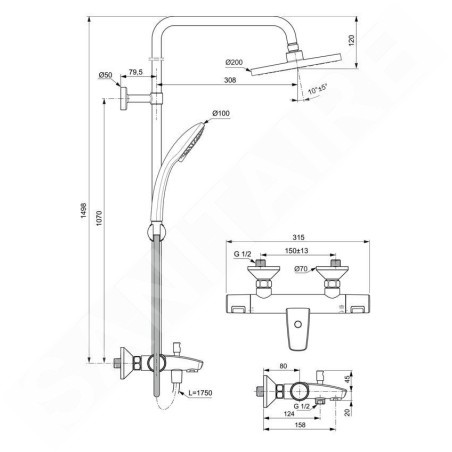 Ideal Standard CeraTherm - Set de douche avec thermostat de baignoire, diamètre 200 mm, 3 jets, chrome A7590AA