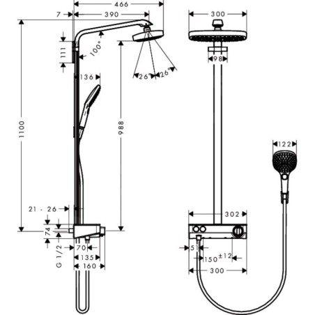 Hansgrohe Raindance Select E - Set de douche Showerpipe 300 avec thermostat, 2 jets, EcoSmart 9 l/min, chrome 27283000
