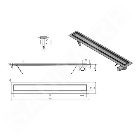 Aqualine Canniveaux - Caniveau de douche Pavino avec grille pour carrelage, 760x140x92 mm, inox 2710-80