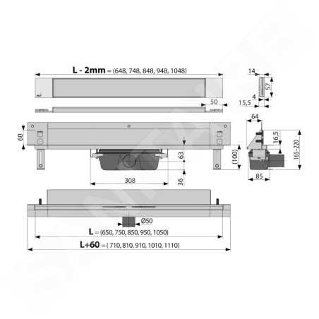 Alcadrain Douchegoten - Système de drainage Spa 1050 mm, pour montage mural, couvercle pour insertion de carreaux, acier