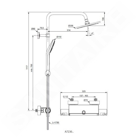 Ideal Standard CeraTherm - Colonne de douche T50 avec thermostat, 200 mm, 3 jets, chrome A7230AA