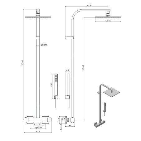 Sapho Dimy - Set de douche 250x250 mm, avec thermostat, noir mat DM322BL