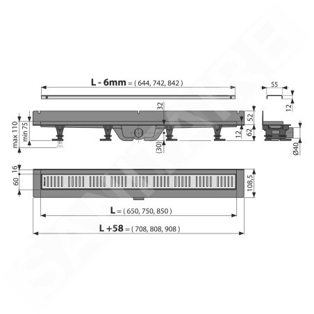 Alcadrain Douchegoten - Caniveau de douche Wall 750 mm, avec rebord pour grille pleine et collier de fixation au mur, inox mat