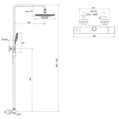 Ravak 10° Free - Set de douche TD F 091.00 / 150 avec thermostat, 250 mm, chrome X070141