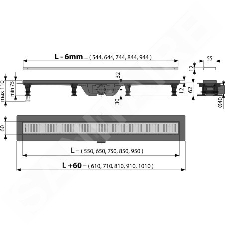 Alcadrain Douchegoten - Bac à douche Simple 650 mm, avec bord pour grille perforée, grille incluse, tapis en acier inoxydable