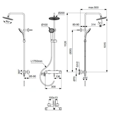 Ideal Standard Cerafine O - Ensemble de douche avec mitigeur, diamètre 200 mm, 1 jet, chrome BC750AA