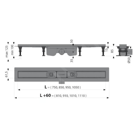 Alcadrain Douchegoten - Caniveau de douche Optimal 850 mm, avec rebord pour grille perforée ou insertion de tuiles APZ12-850