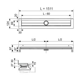Tece TECEdrainline - Caniveau de douche 1500 mm, pour installation murale, avec bande d'étanchéité Seal System, acier