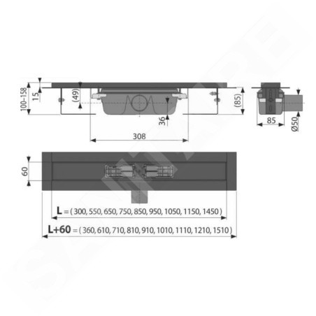 Alcadrain Douchegoten - Bac à douche 1050 mm, avec bord pour grille perforée, noir mat APZ1BLACK-1050