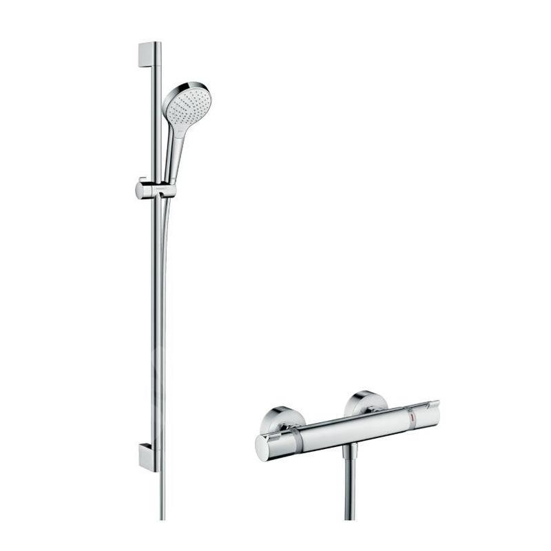 Hansgrohe Croma Select S - Set de douche Vario avec thermostat, 3 jets, barre de douche 900 mm, blanc/ chrome 27014400