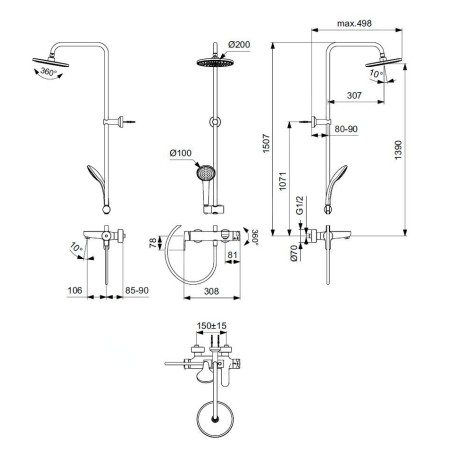 Ideal Standard Cerafine O - Set de douche avec mitigeur de baignoire, diamètre 200 mm, 1 jet, noir BC749XG