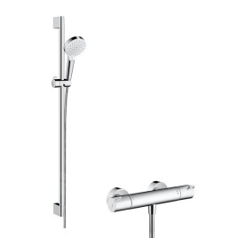 Hansgrohe Crometta - Set de douche Vario avec thermostat Ecostat 1001 CL, 2 jets, blanc / chrome 27813400