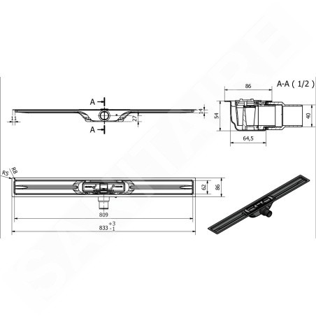 I-Drain Linear 54 - Receveur de douche en acier inoxydable PRO SS Linear, longueur 800 mm, avec étanchéité IP4M08001X1