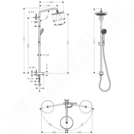 Hansgrohe Croma 220 - Douche de tête, Reno 220 mm, bras de douche 400 mm, 1 jet, chrome 27224000