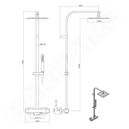 Sapho Dimy - Set de douche 250x250 mm, avec thermostat, chrome DM322