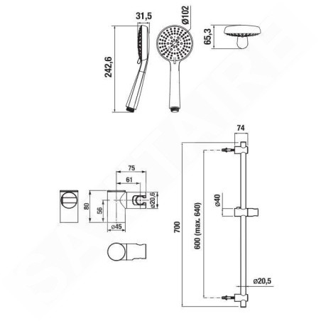 Jika Rio - Set de pommeau de douche, 3 jets, barre et flexible 1,7 m, inox/chrome H3651R00043731