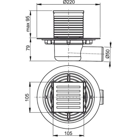 Alcadrain Douchegoten - Siphon de sol, latéral, 105x105 mm, diamètre 50 mm, acier inoxydable/plastique APV1311