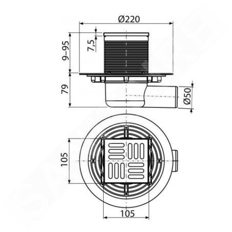 Alcadrain Douchegoten - Siphon de sol, latéral, 105x105 mm, diamètre 50 mm, acier inoxydable/plastique APV1321