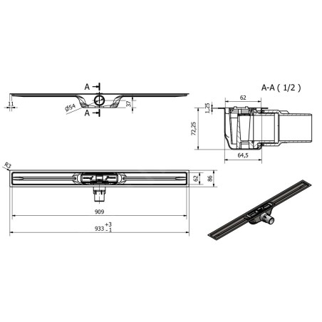 I-Drain Linear 72 - Receveur de douche en acier inoxydable PRO SS Linear, longueur 900 mm, avec étanchéité IP5M09001X1