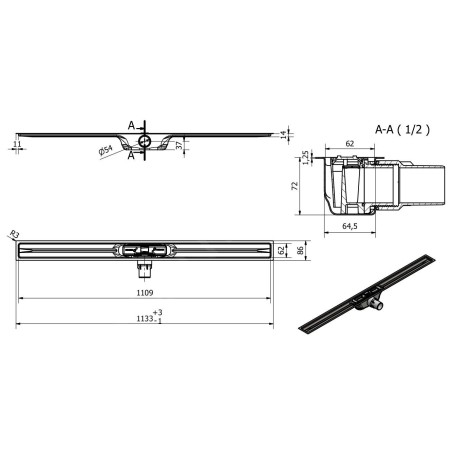 I-Drain Linear 72 - Receveur de douche en acier inoxydable PRO SS Linear, longueur 1100 mm, avec étanchéité IP5M11001X1