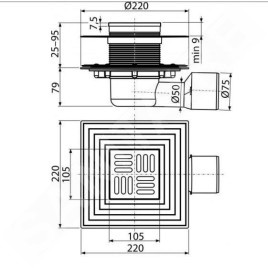 Alcadrain Douchegoten - Siphon de sol, latéral, 105x105mm, diamètre 50/75 mm, acier inoxydable/plastique APV3344