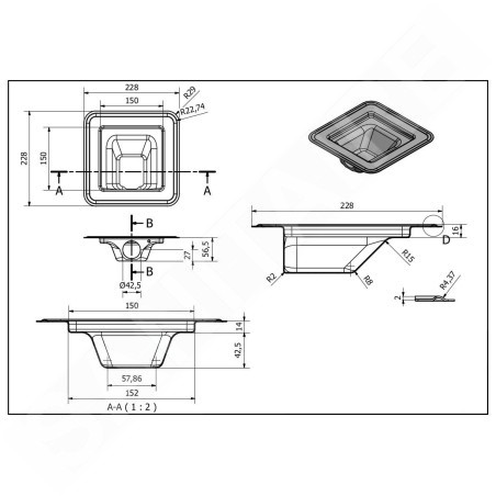 I-Drain Square - Siphon de sol en acier inoxydable Basic, 150x150 mm ID4ZSQ0150